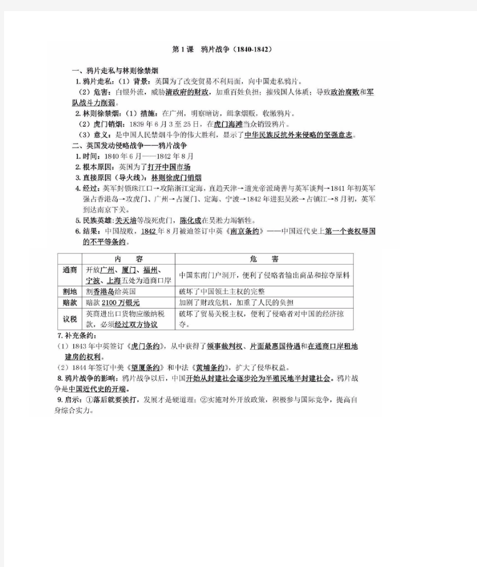 部编八年级上册历史知识点总结