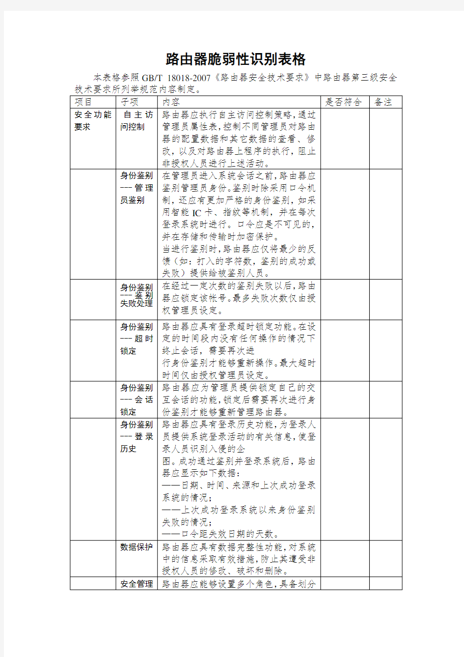 信息安全风险评估脆弱性识别路由器脆弱性表格GBT18018