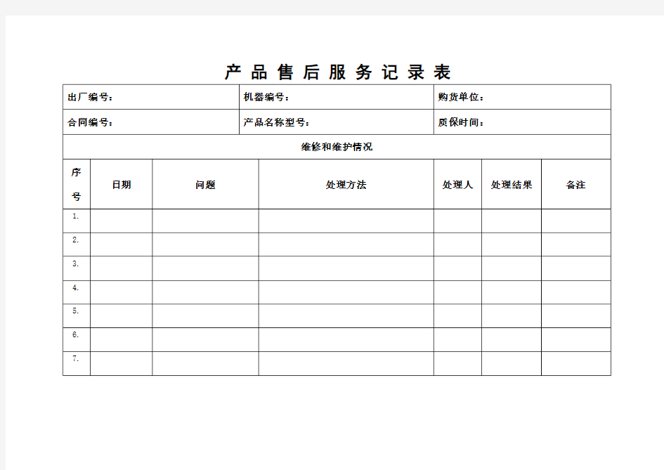 产品售后服务记录表模板