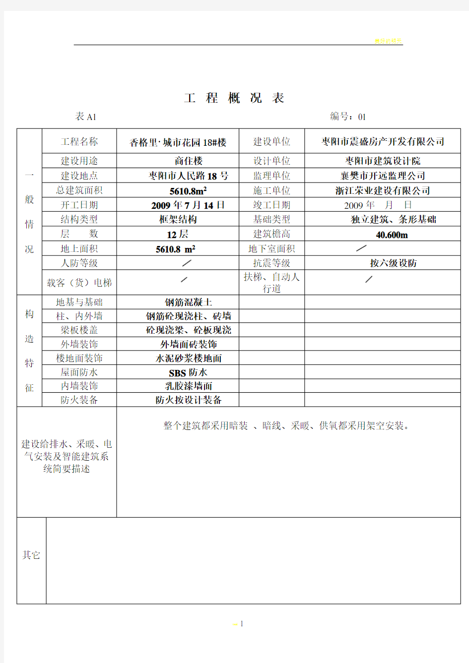 工程概况表、开工报告、施工组织设计报审