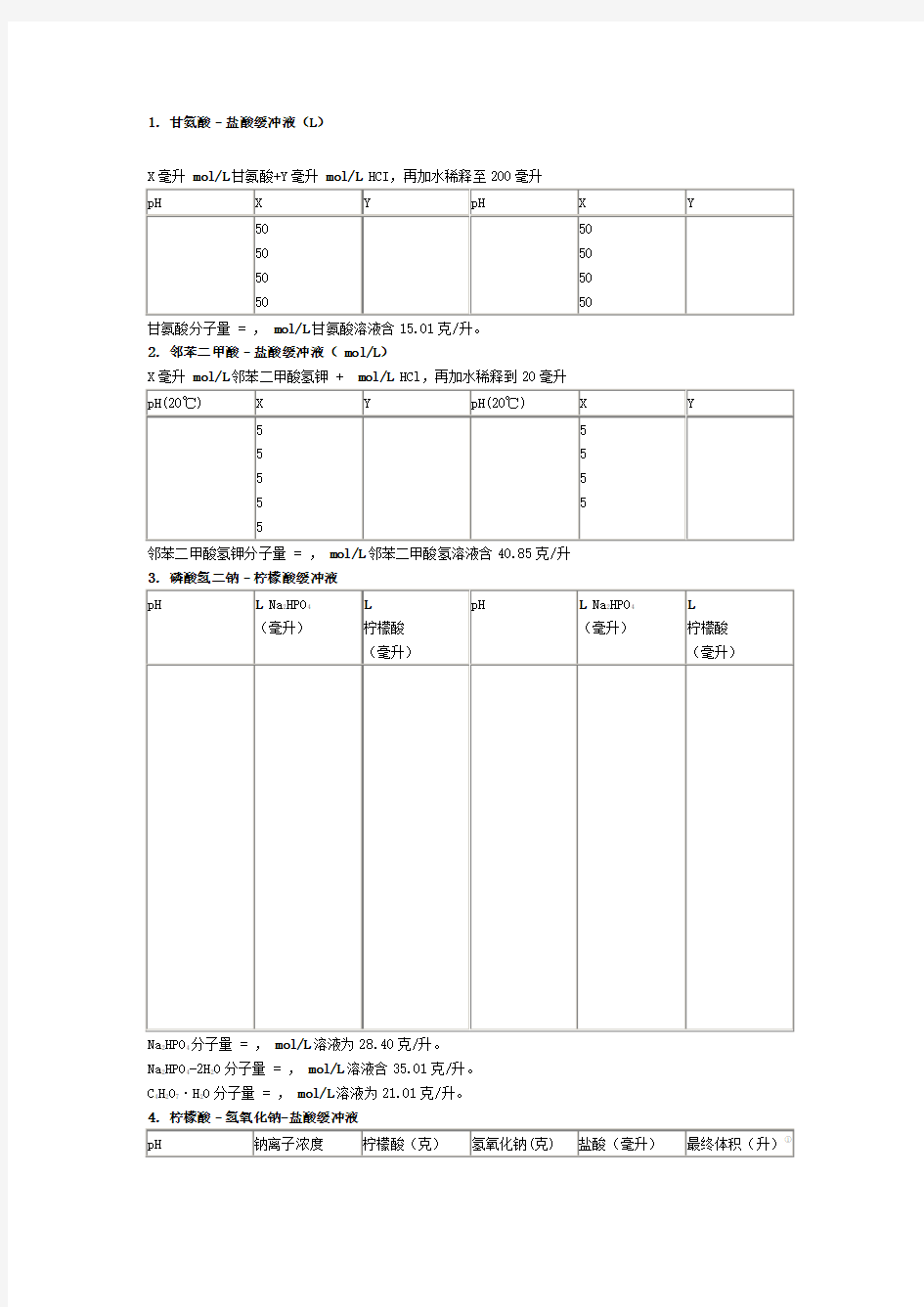 各种缓冲液的配制方法