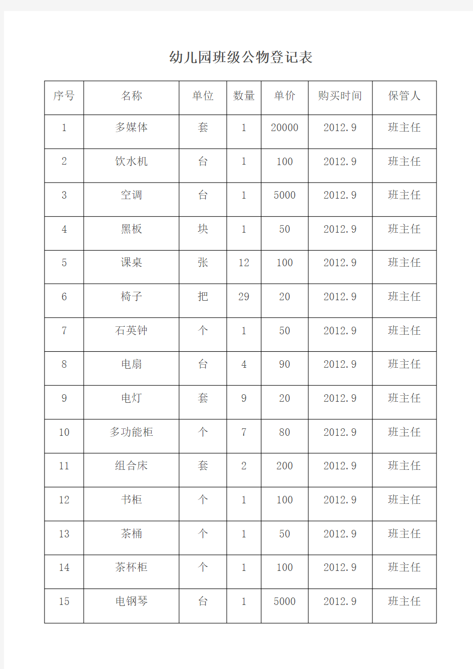 幼儿园班级公物登记表