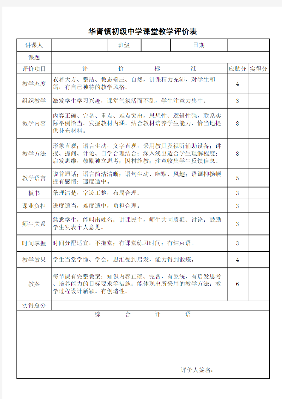 课堂教学评价表(新课改)