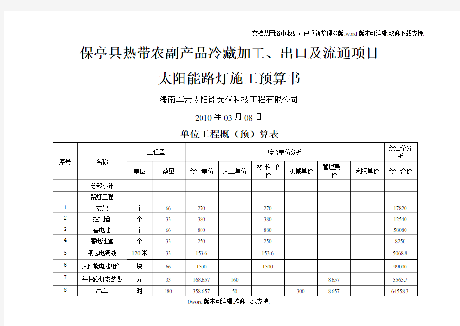 太阳能路灯项目施工预算书