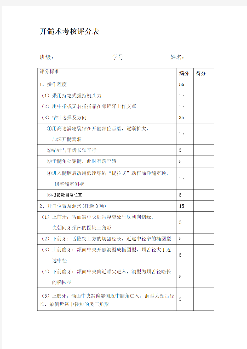 口腔技能操作评分表