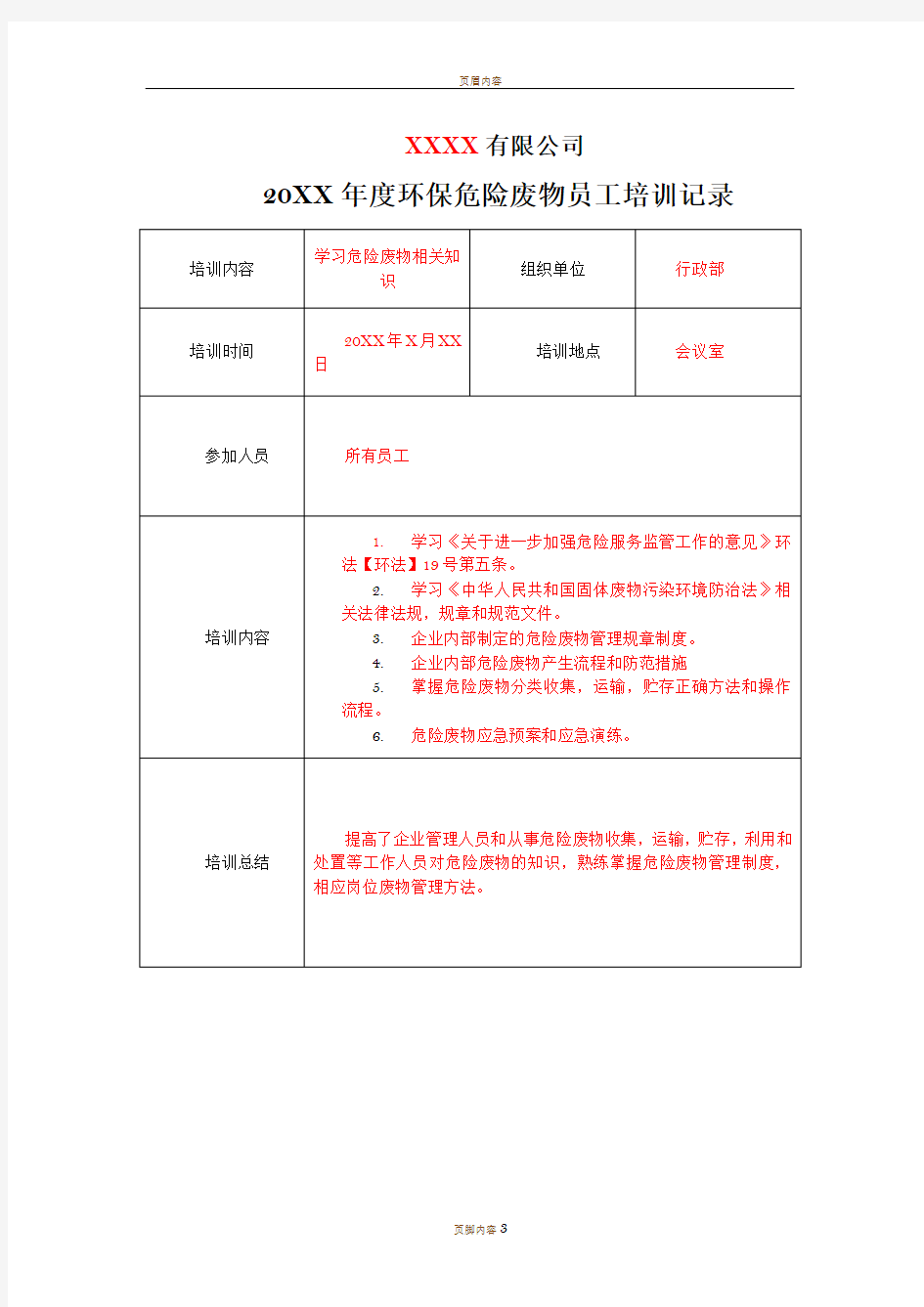 环保危险废物培训记录(样板)