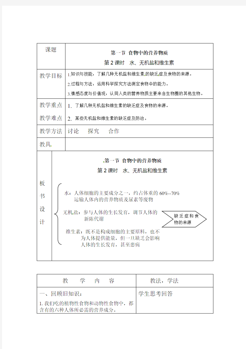 第2课时  水、无机盐和维生素-教案