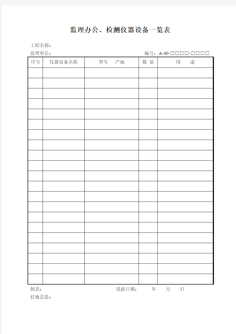 监理办公、检测仪器设备一览表