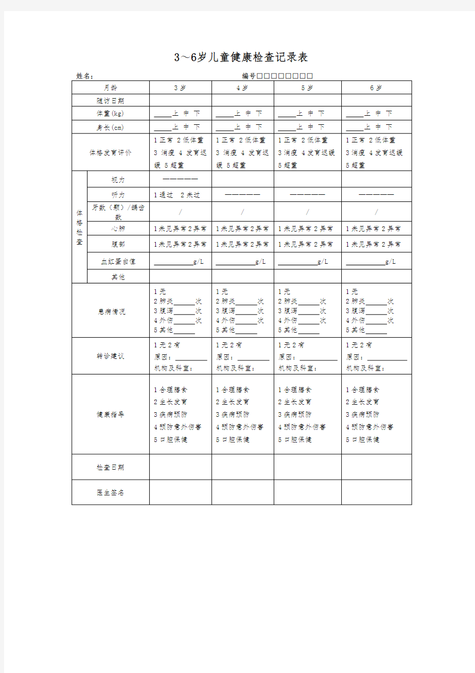 3-6岁儿童健康检查表