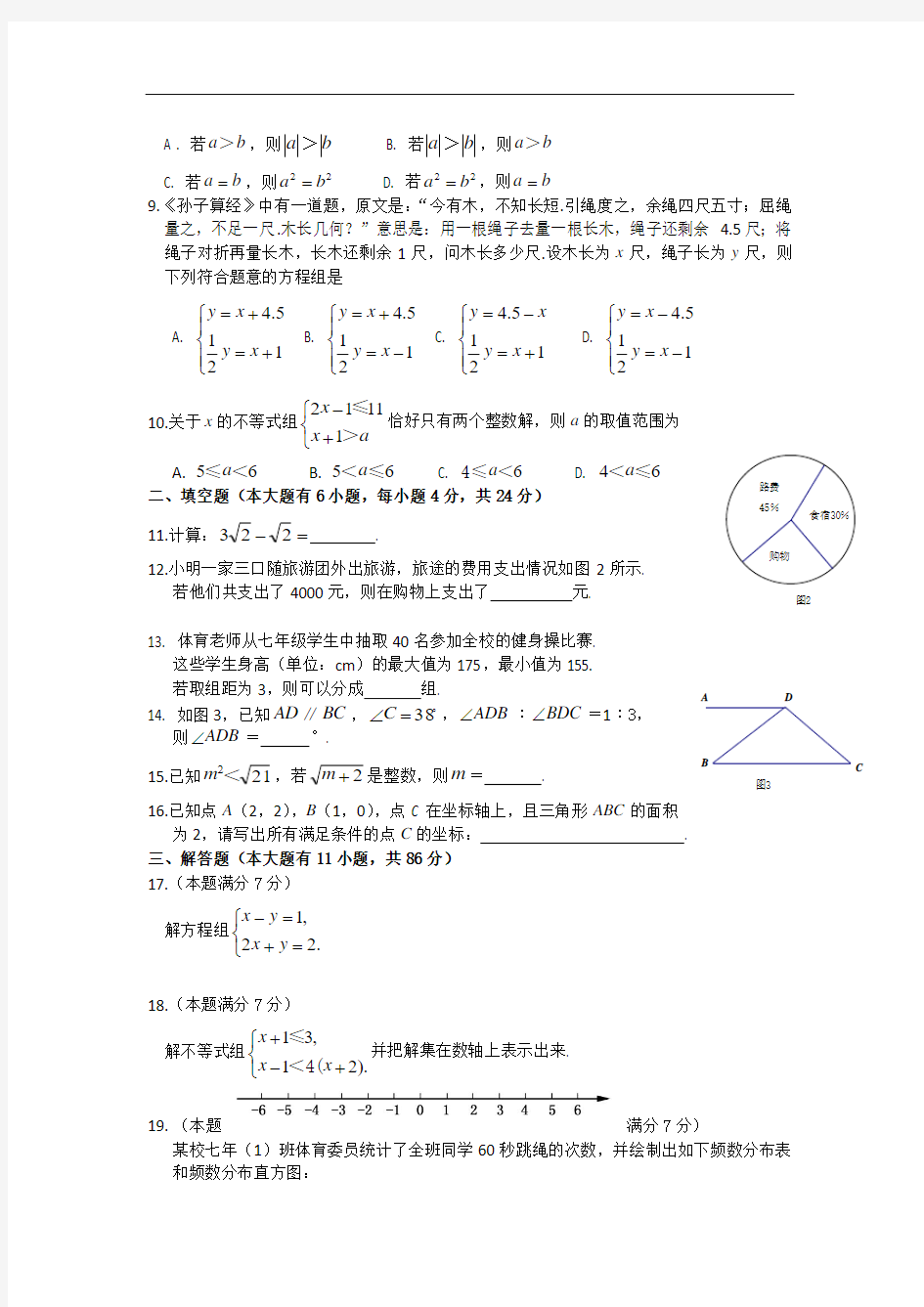 2017最新整理人教版七年级数学下册质量检测及参考答案