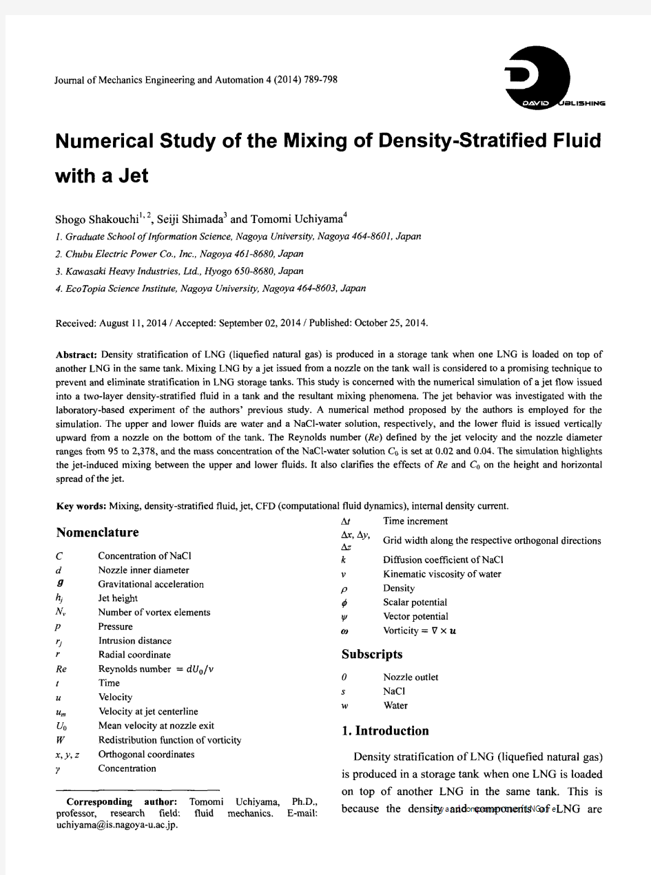 Numerical Study of the Mixing of Density-Stratified Fluid with a Jet