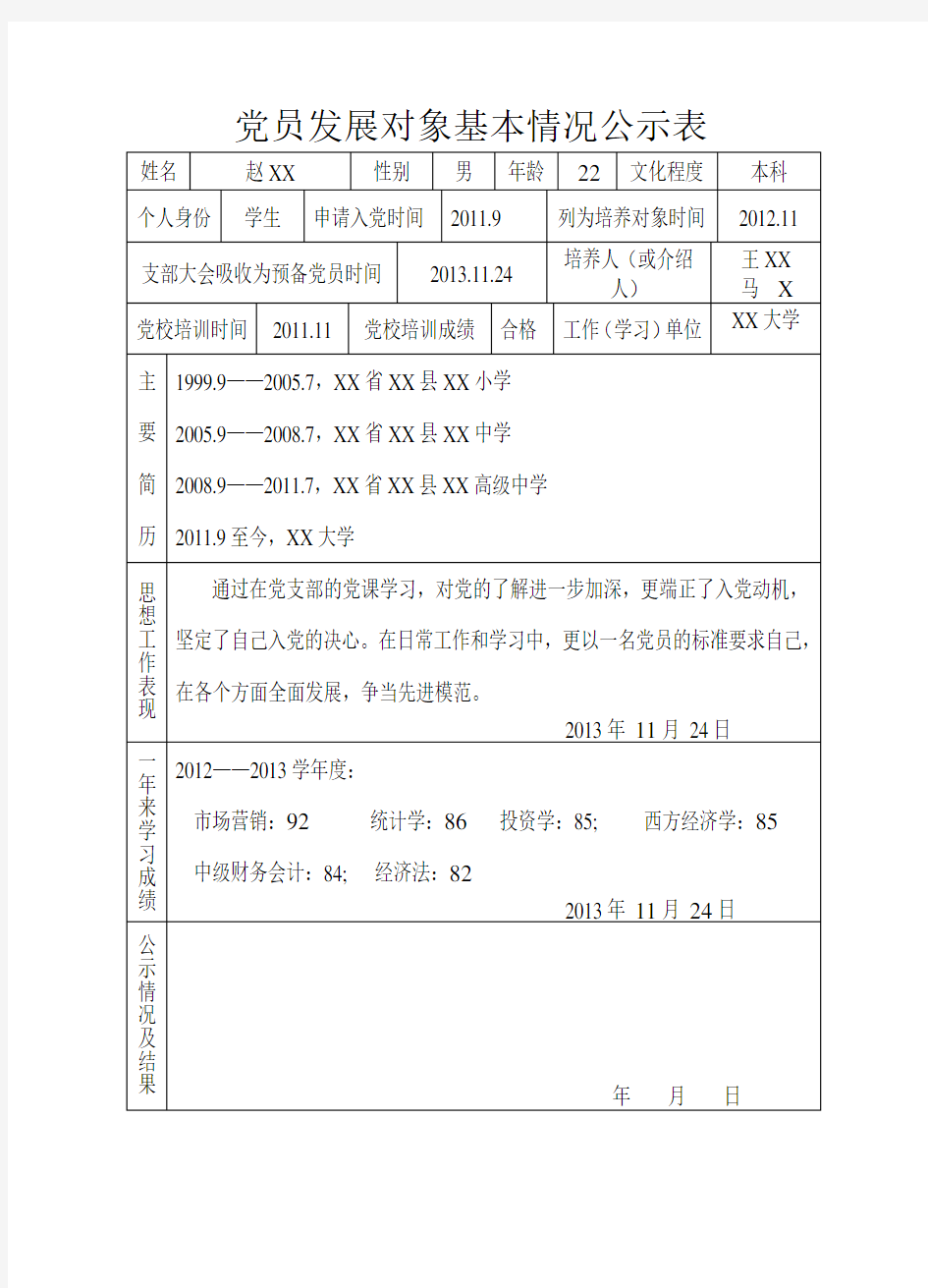 党员发展对象基本情况公示表(标准样表)