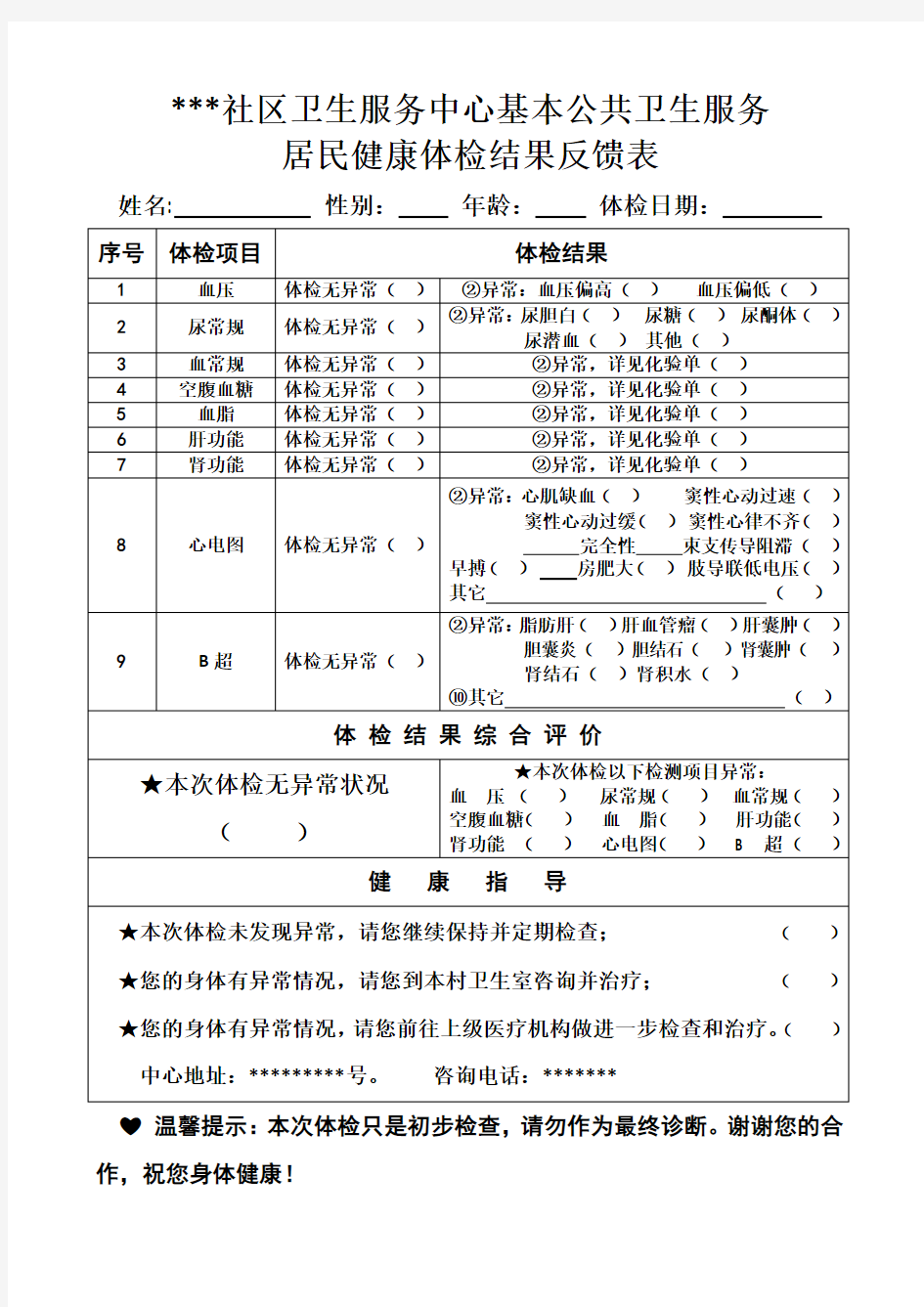 卫生院公共卫生体检反馈报告