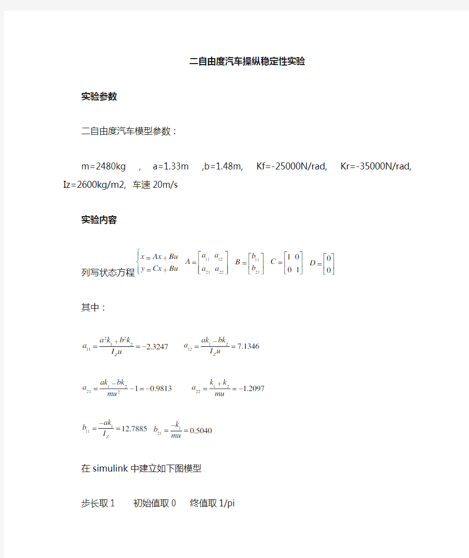 二自由度汽车操纵稳定性matlab-simulink仿真实验