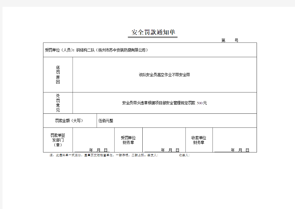 安全罚款通知单