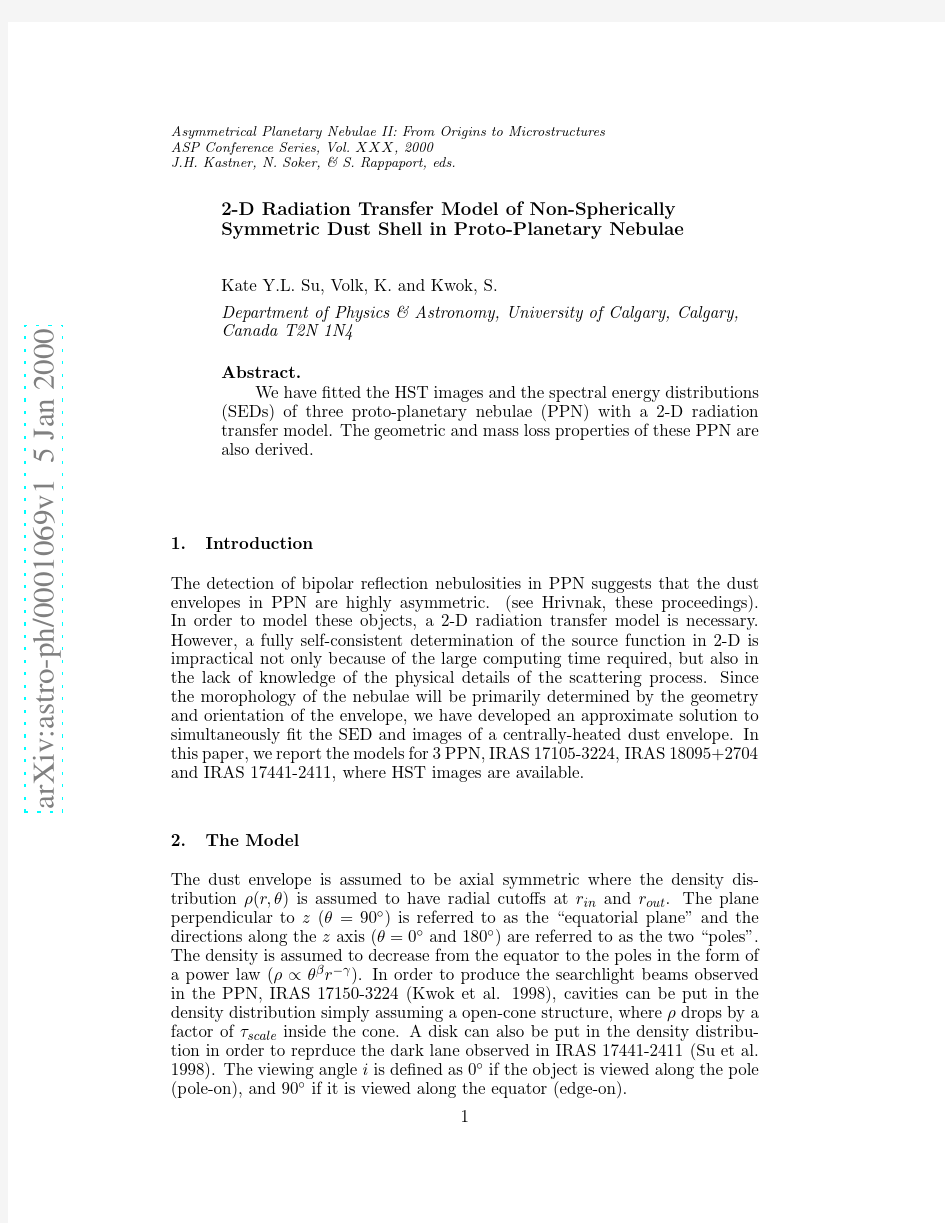 2-D Radiation Transfer Model of Non-Spherically Symmetric Dust Shell in P roto-Planetary Ne