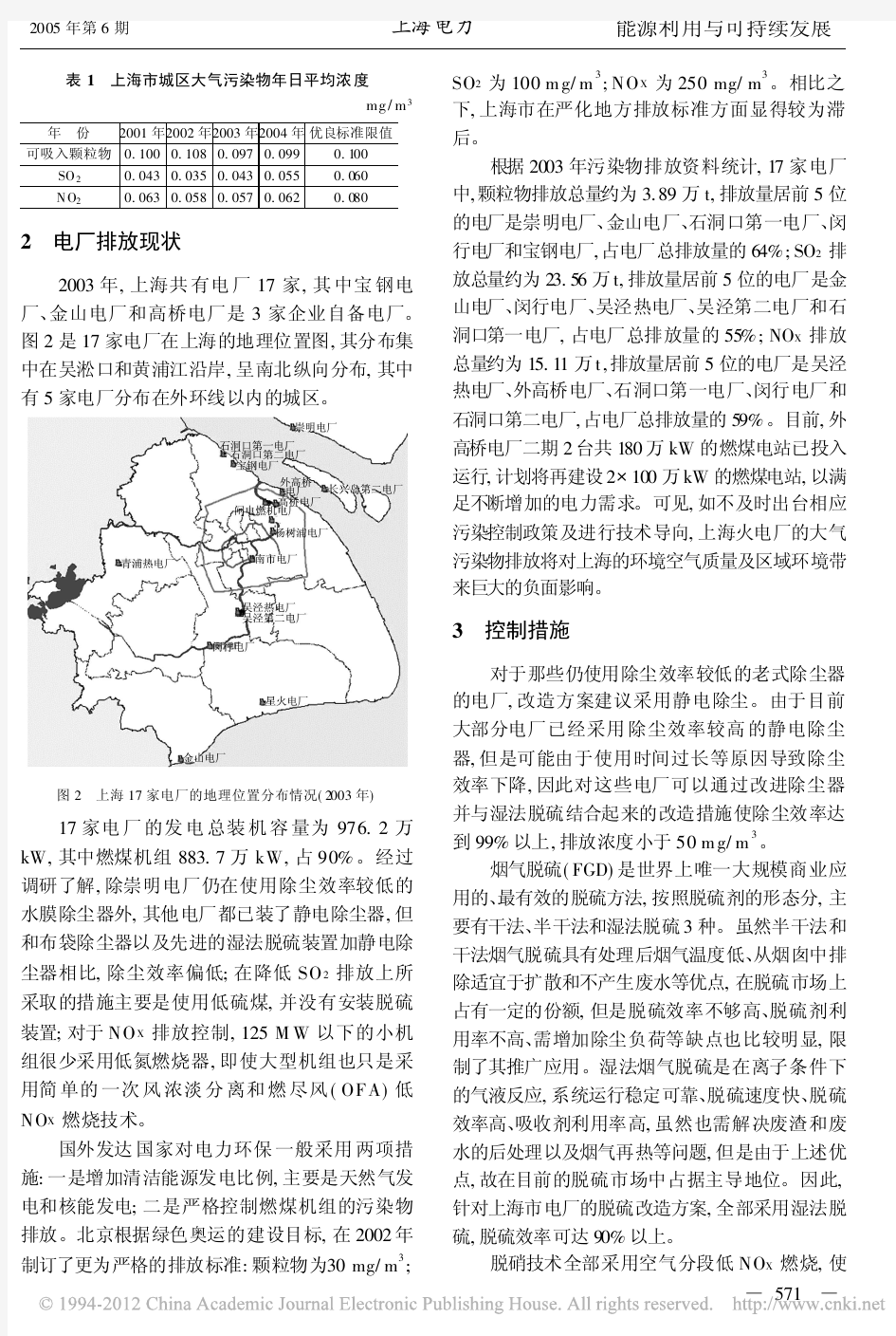 上海市火电厂污染物排放控制及环境影响