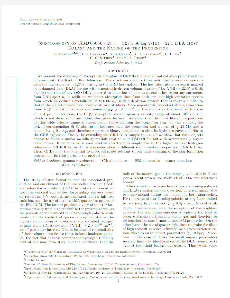 Spectroscopy of GRB 050505 at z=4.275 A logN(HI)=22.1 DLA Host Galaxy and the Nature of the