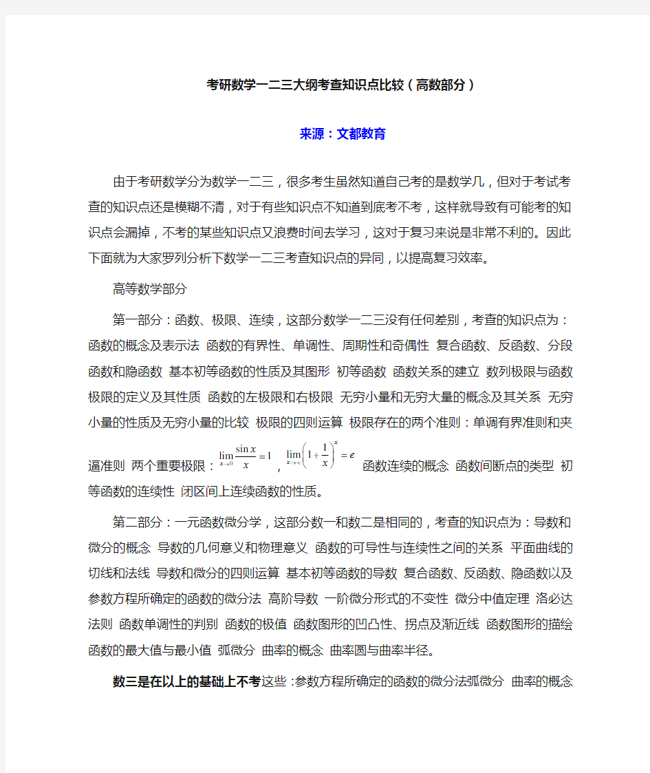 考研数学一二三大纲考查知识点比较(高数部分)