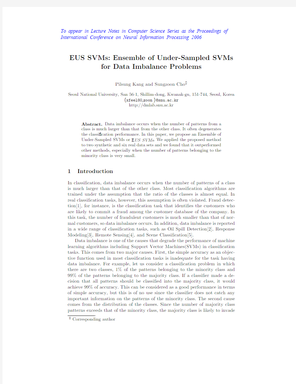 EUS SVMs Ensemble of UnderSampled SVMs for Data Imbalance Problems