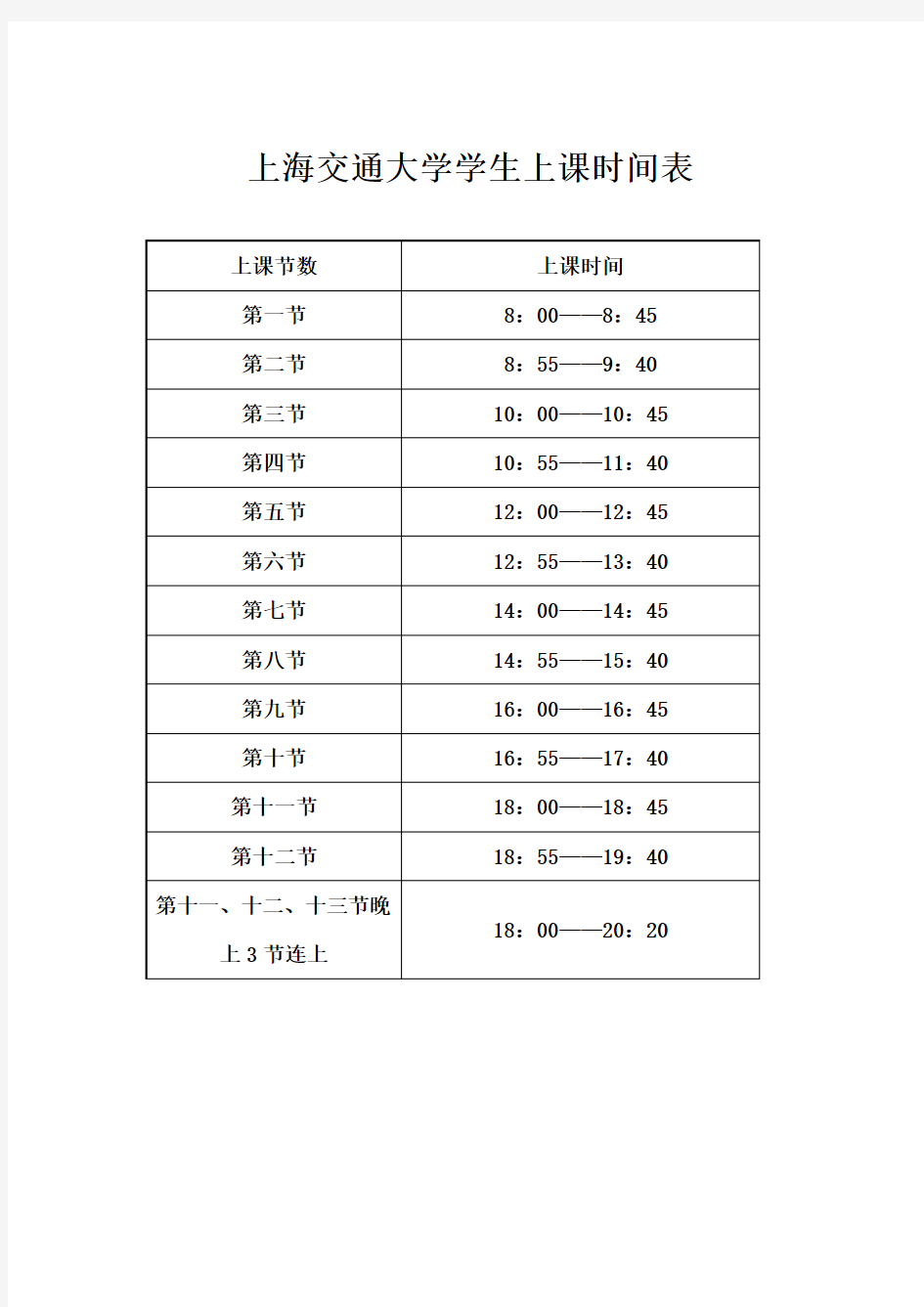 上海交通大学学生上课时间表