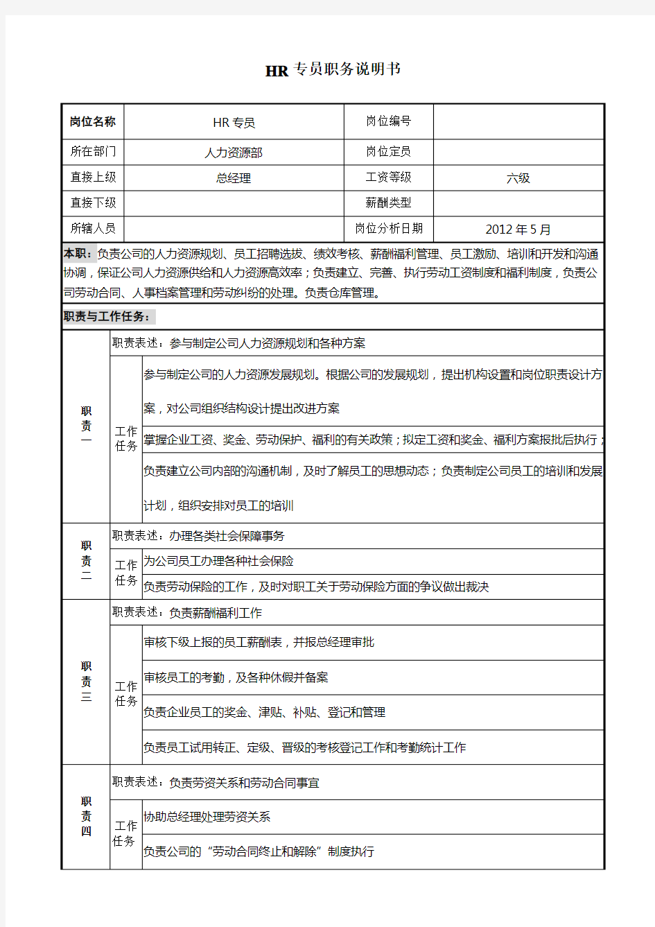 HR专员岗位职责说明书