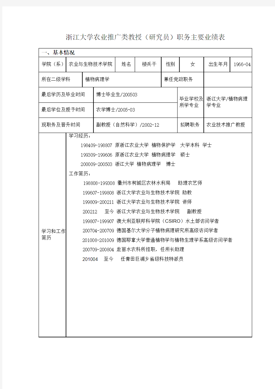 浙江大学农业推广类教授(研究员)职务主要业绩表