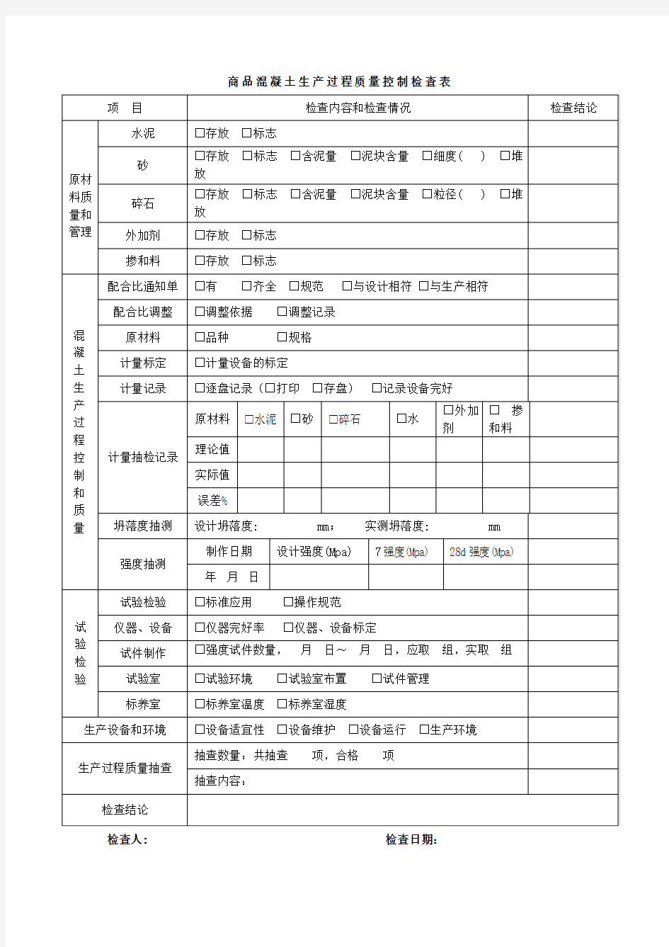 商品混凝土生产过程质量控制检查表