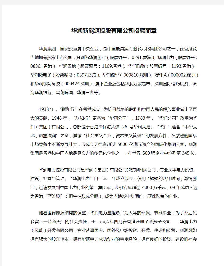 华润新能源控股有限公司招聘简章