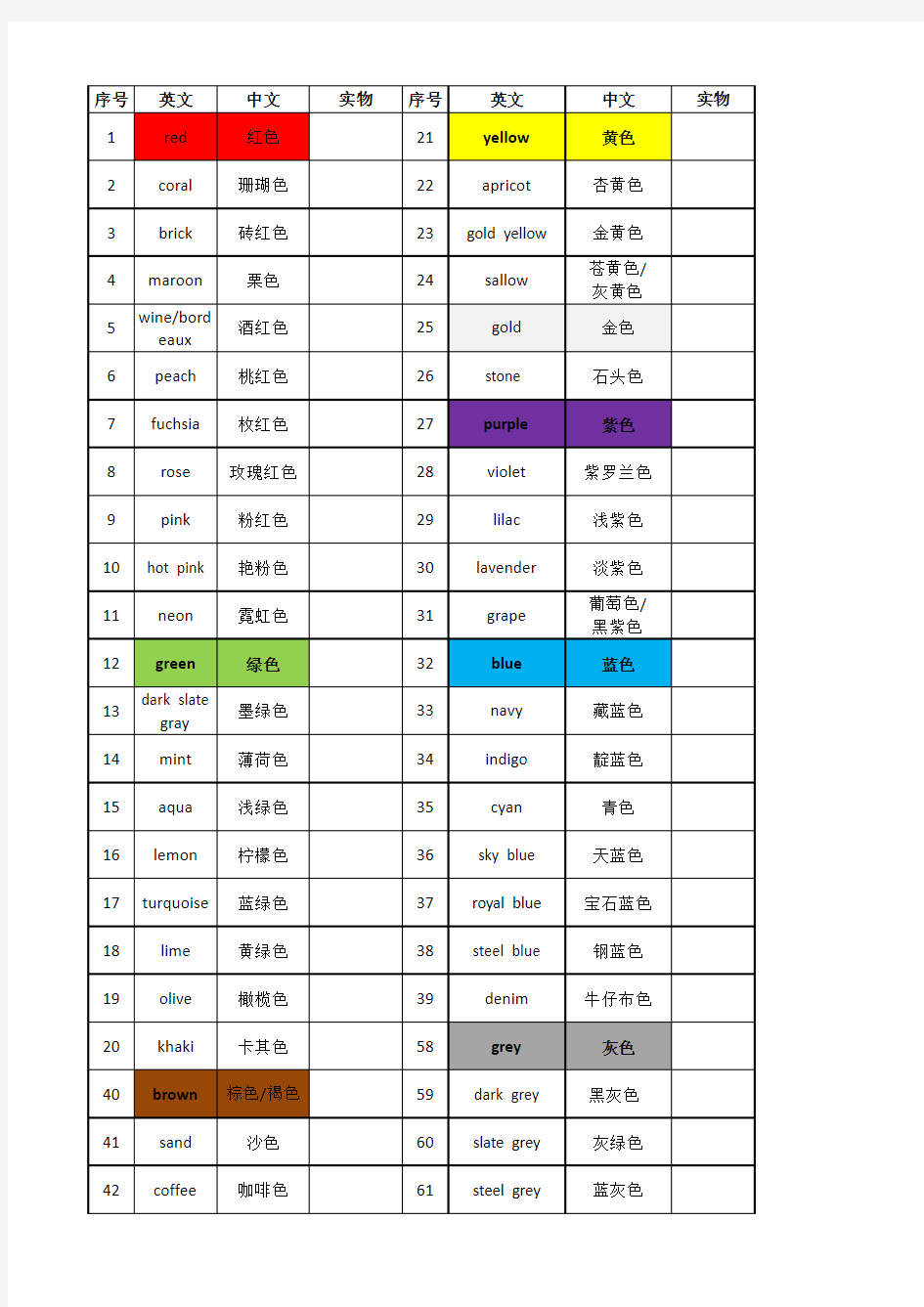 常用颜色中英文对照表