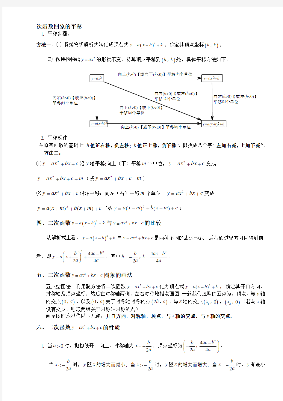 初三数学二次函数公式及知识点总结