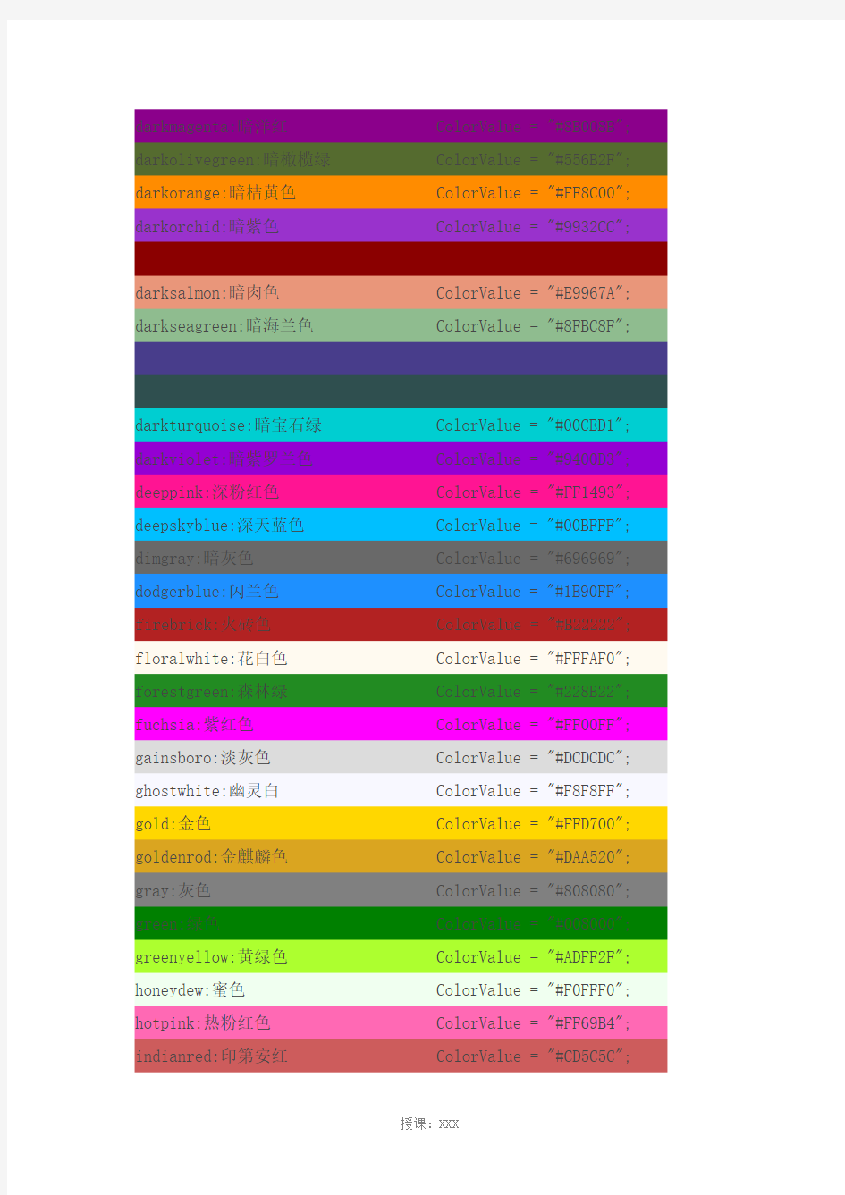 颜色大全：颜色名称和颜色值。色板、色板对照表