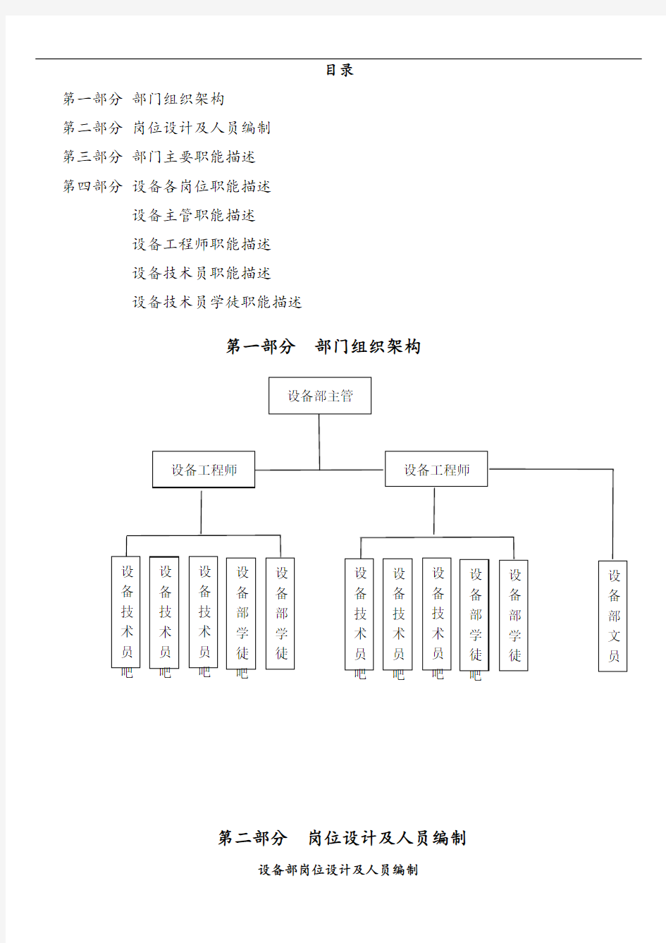 设备部组织架构及岗位职责说明书