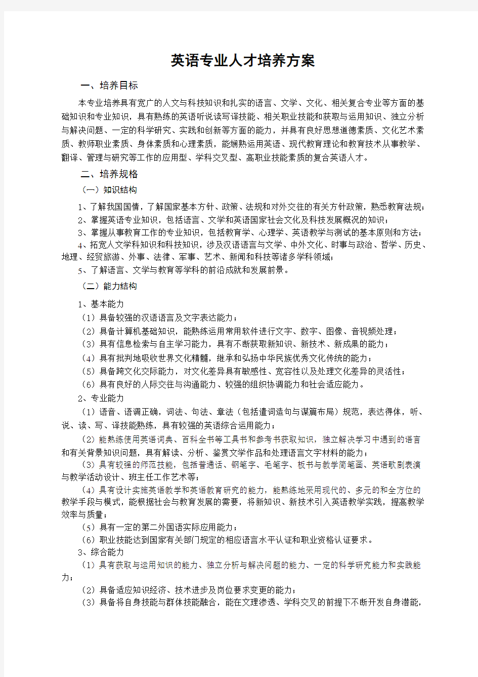 英语专业人才培养方案范文