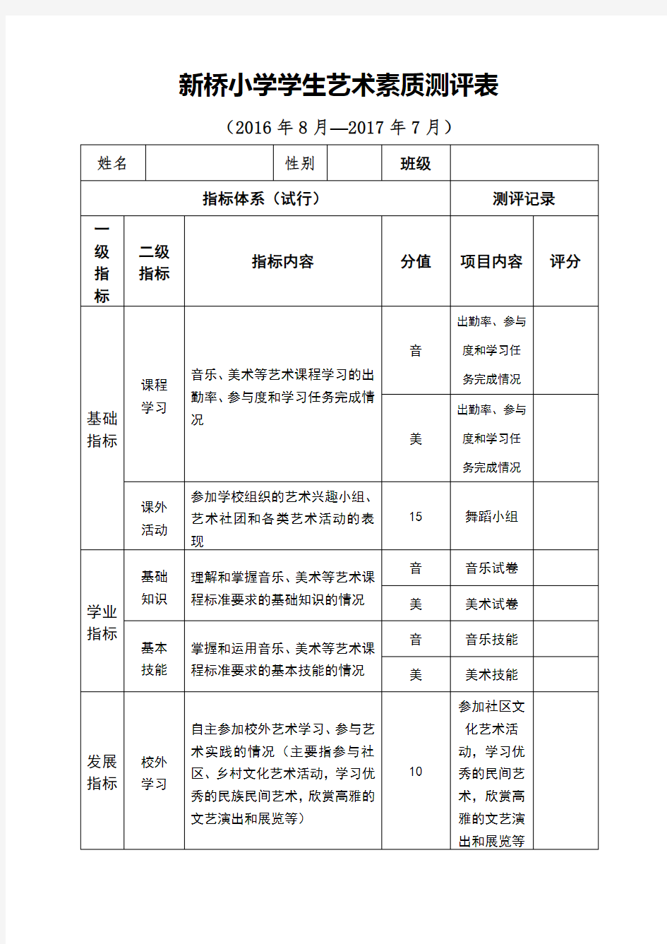 小学生艺术素质测评表