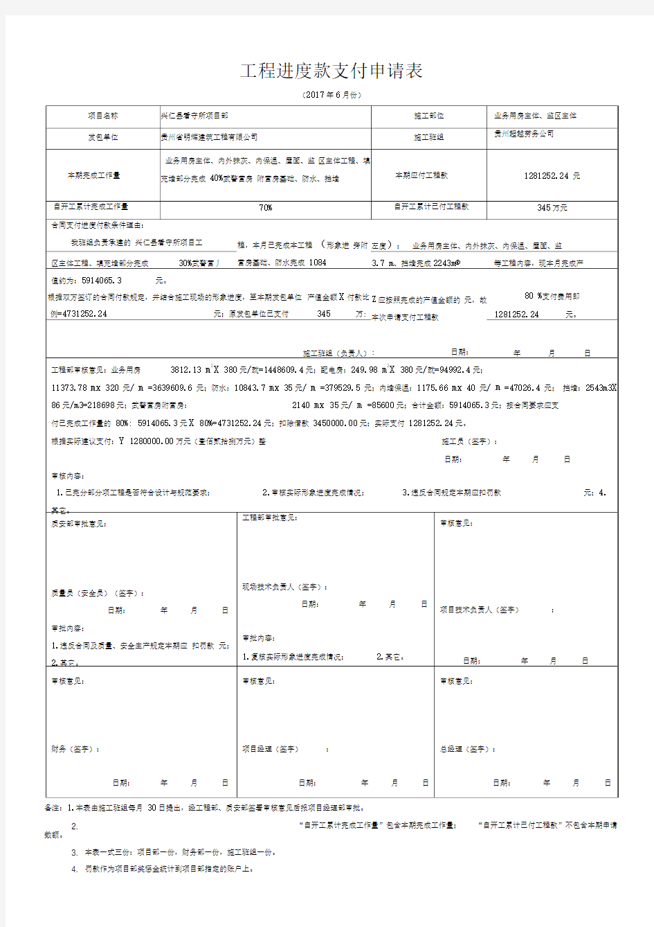 工程进度款支付申请表(施工班组)