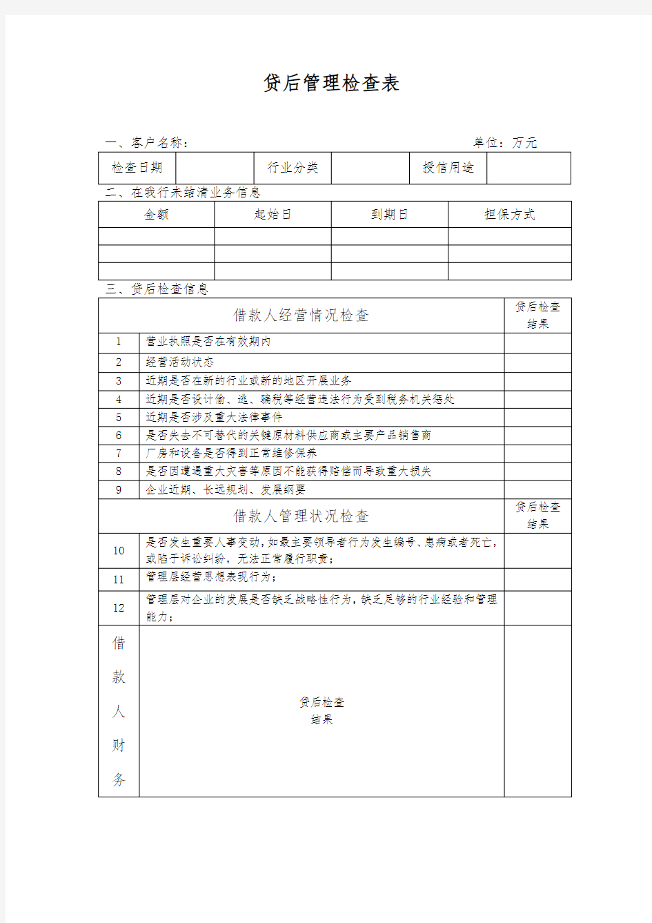 企业贷后管理检查表