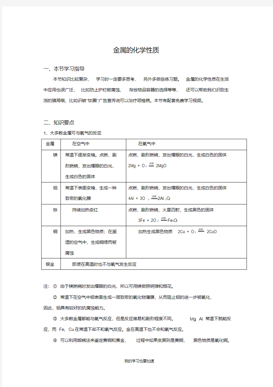  九年级化学《金属和金属材料》金属的化学性质知识点整理-