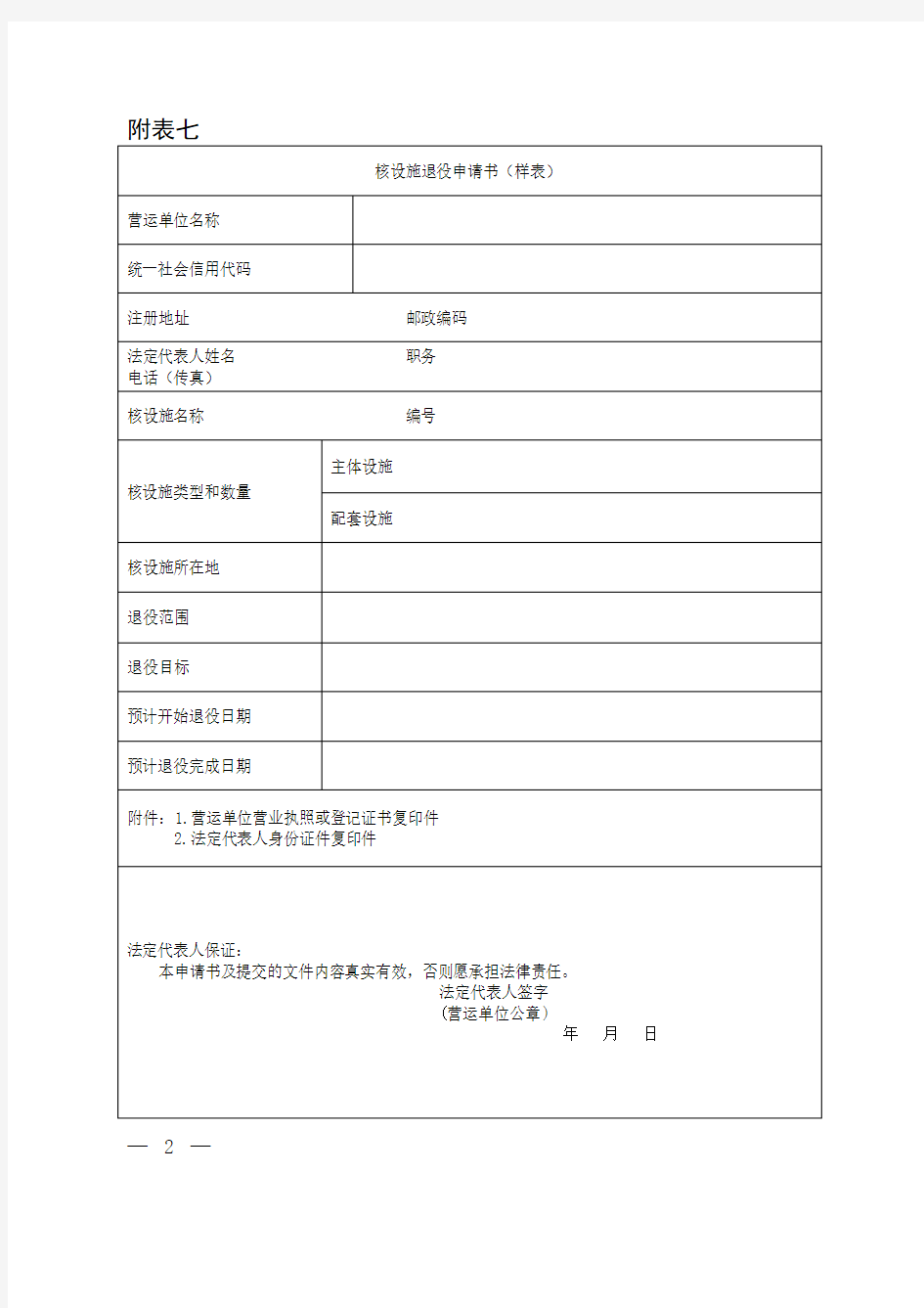 核设施退役申请书(样表)