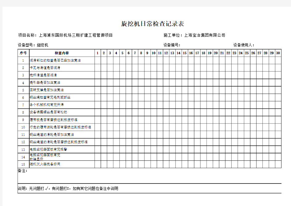 旋挖机日常检查记录表