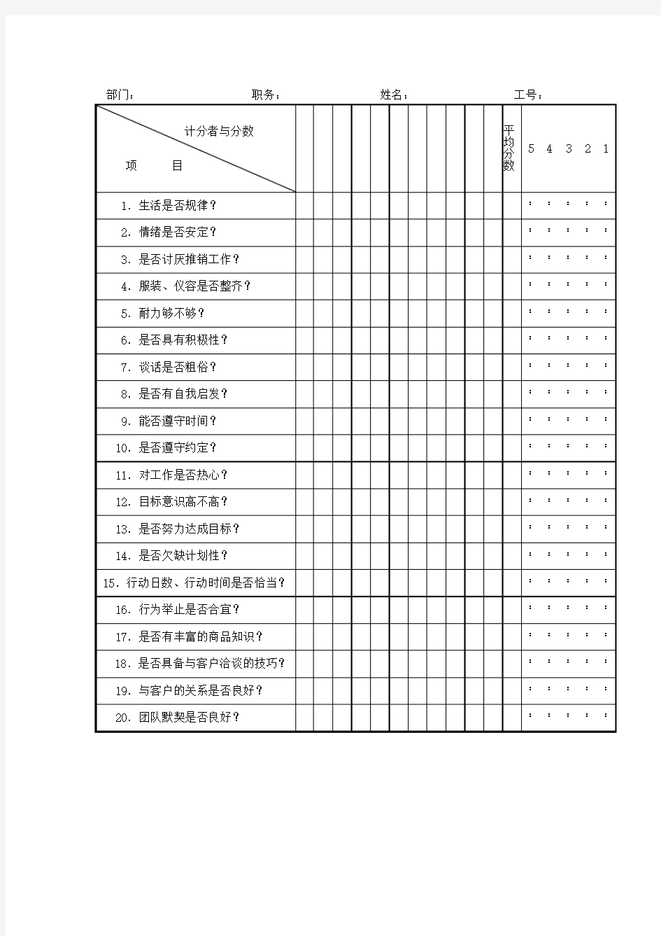 员工相互评价表