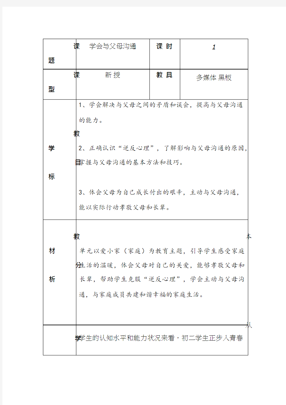 初中道德与法治《学会与父母沟通》优质教学设计、教案