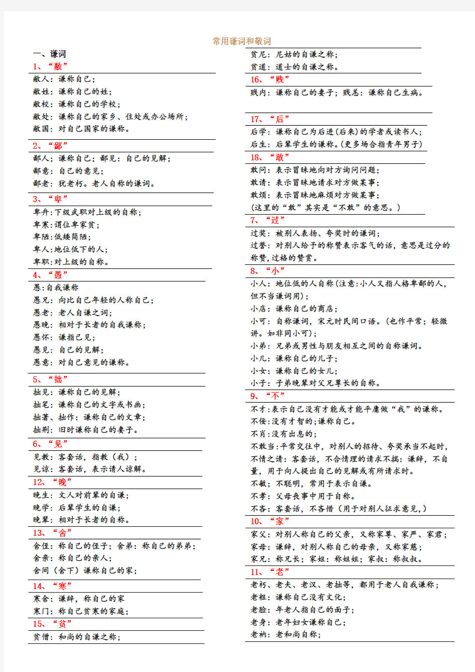 常用谦词和敬词打印版(完美实用)