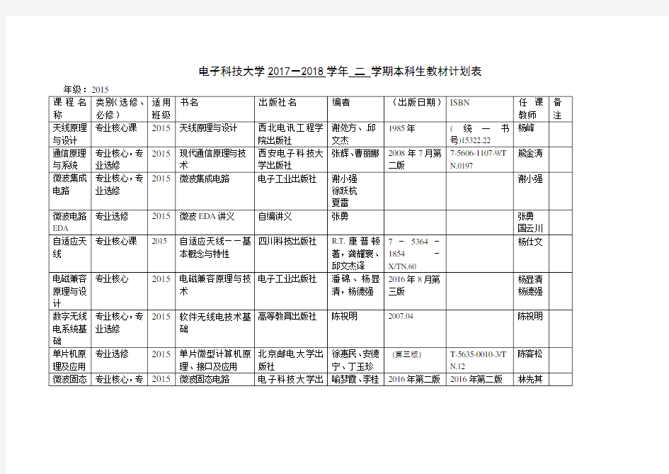 电子科技大2017-2018学年 二 学期本科生教材计划表