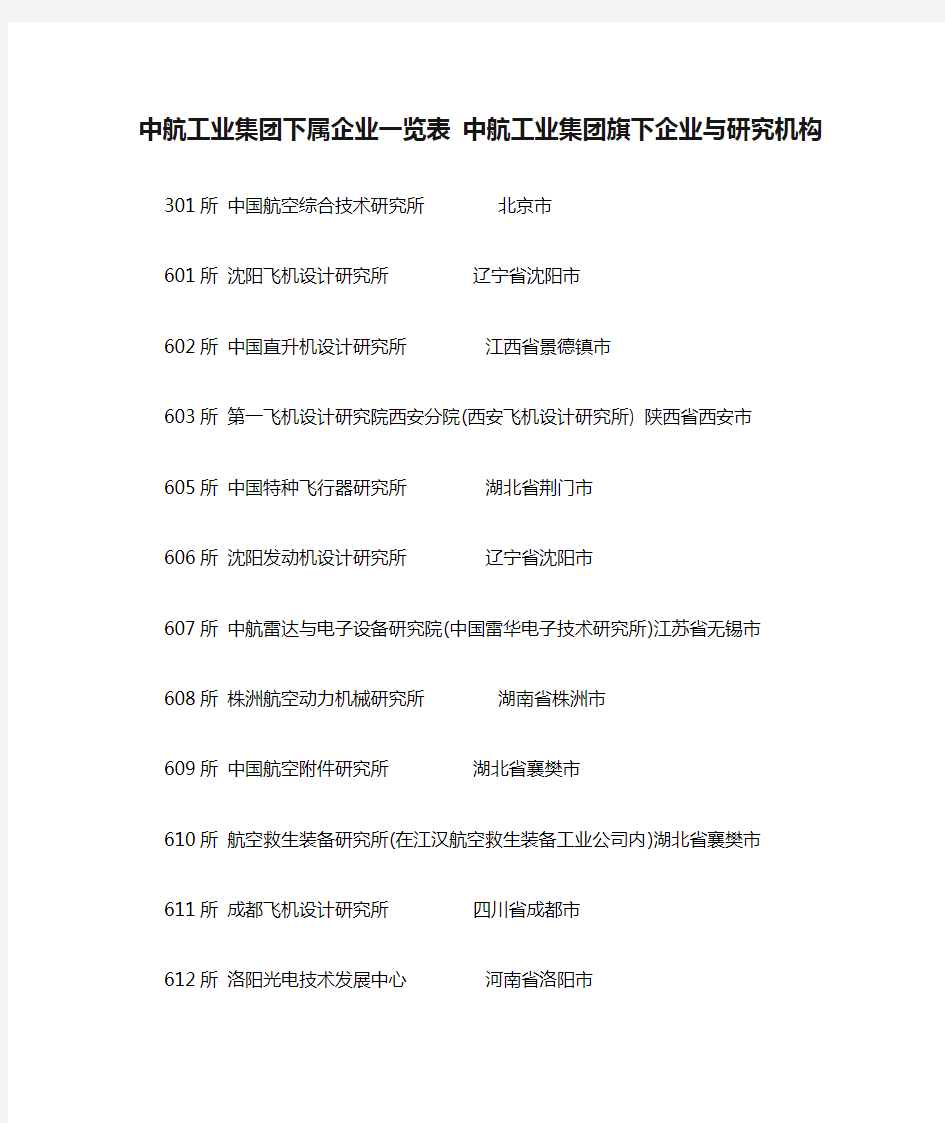 中航工业集团下属企业一览表 中航工业集团旗下企业与研究机构