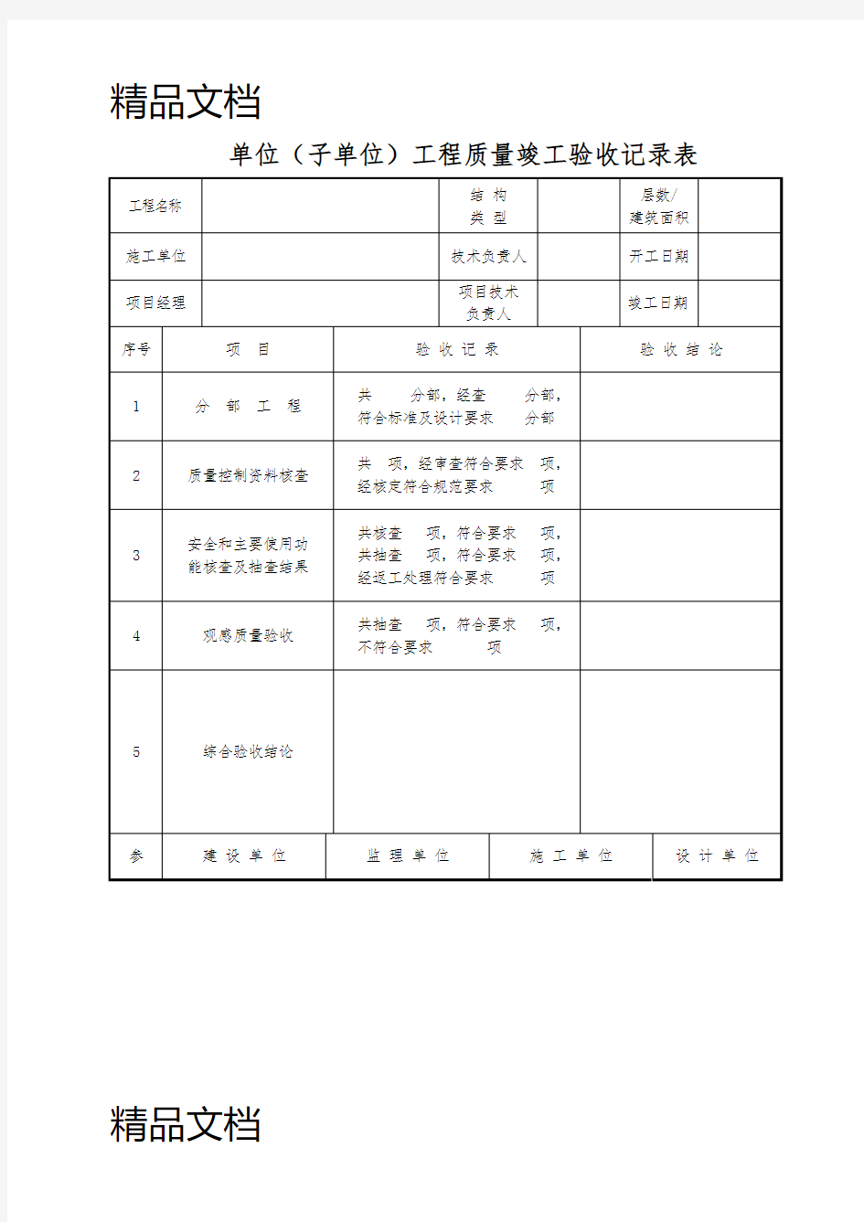 最新单位工程质量竣工验收记录表