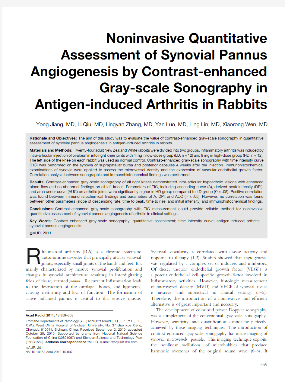 Angiogenesis by Contrast-enhanced Gray-scale Sonography in Antigen-induced Arthritis in Rabbits