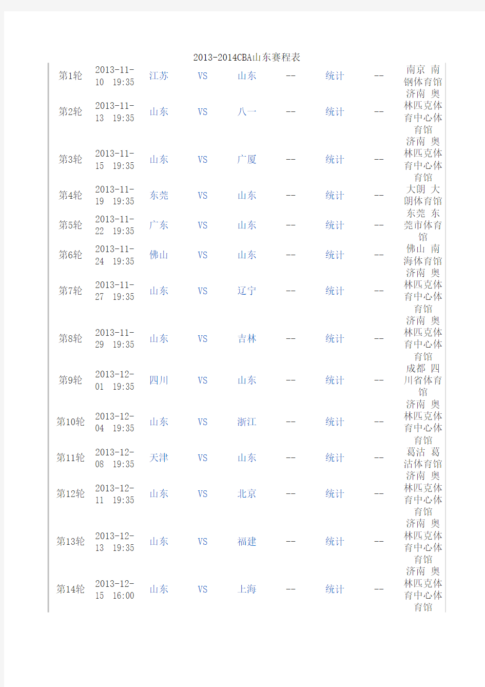 2013-2014CBA山东赛程表