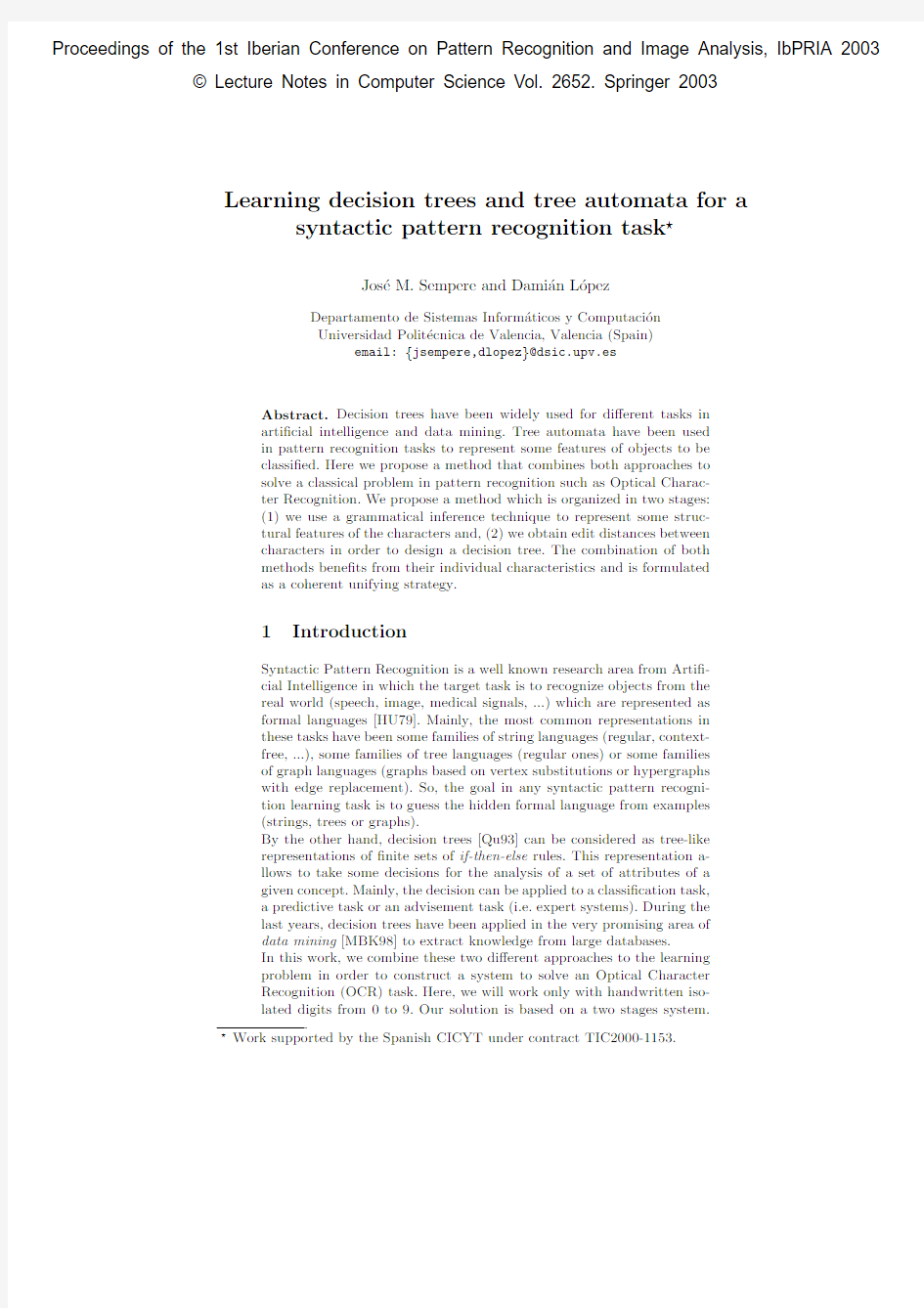 Learning decision trees and tree automata for a syntactic pattern recognition task. Pattern