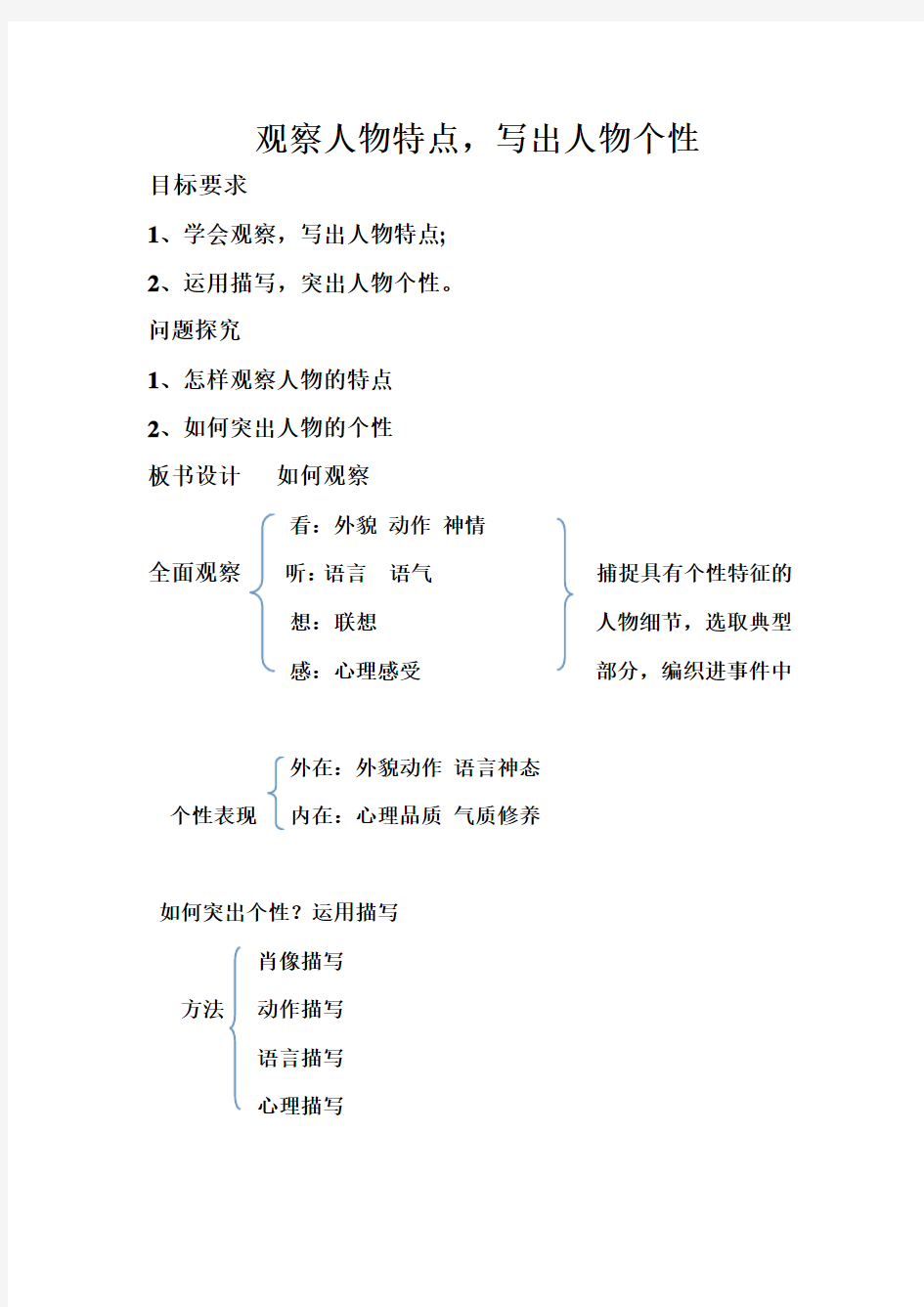 观察人物特点 写出人物个性 教案设计